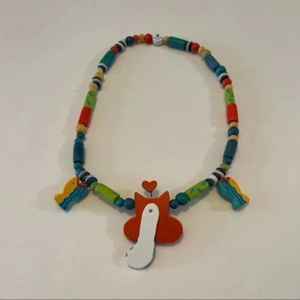 Vintage Signed Tatiri Fashion Hand Crafted Wooden Cat Tail Dangle Necklace RARE - Picture 5 of 7